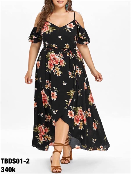Đầm maxi đen hoa trễ vai big size 75 - 110kg
