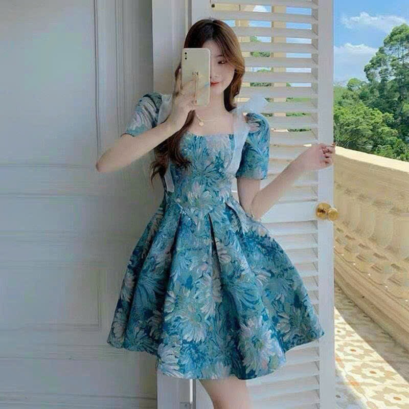 Đầm xòe tay phồng buộc nơ vai họa tiết hoa có mút