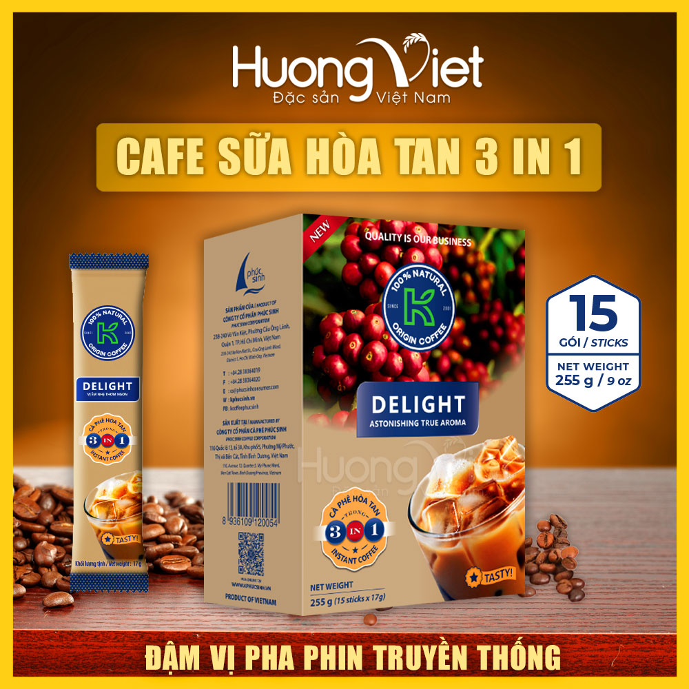 Cà phê hòa tan K Coffee Delight 3 in1, cà phê sữa hòa tan hộp 15gói x 17g, cà phê sữa đá truyền thống Việt Nam
