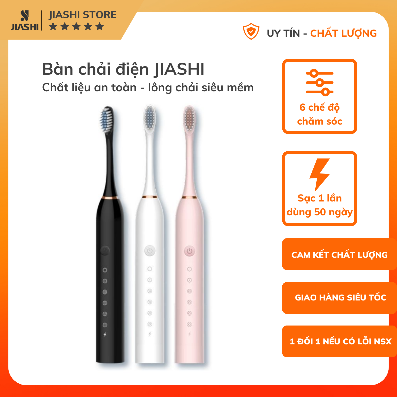 Bàn chải điện đa năng thông minh JIASHI, máy đánh răng Sonic X-3 sóng âm tặng kèm 4 đầu thay thế BCD01