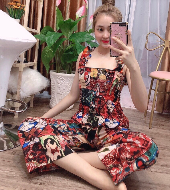 Set bộ nữ thổ cẩm áo tay cánh tiên cổ vuông quần dài ống rộng