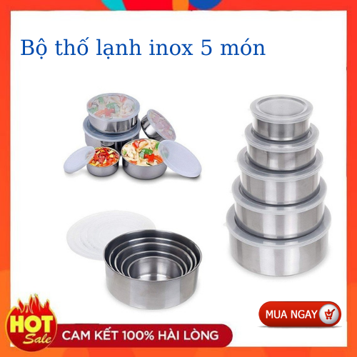 Bộ inox 5 món đựng thức ăn nhiều kích cỡ có nắp đậy