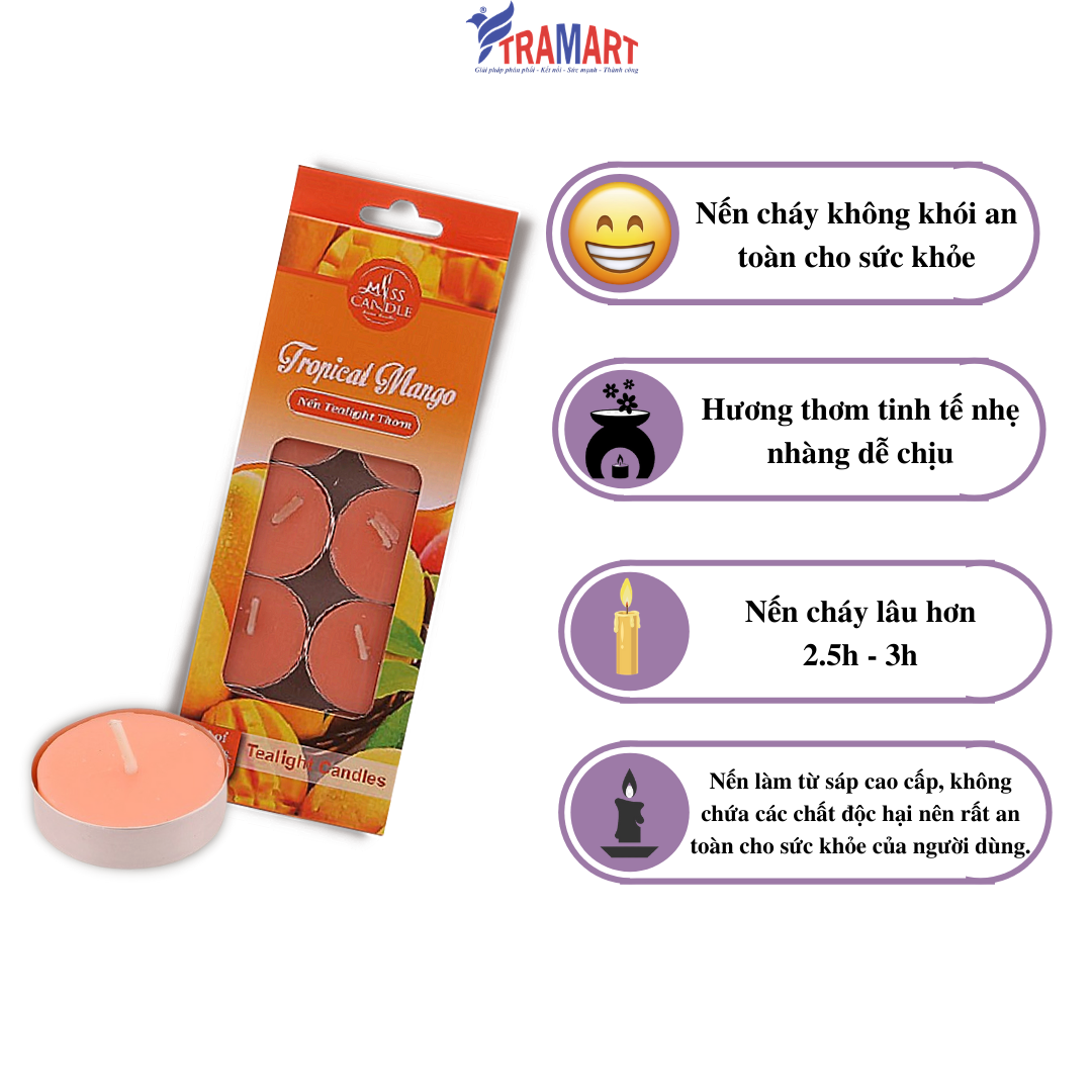 [HCM] candle scented tealight (Box 10 candle) miss candle ftramart MIC0147 tropical mango (fruit flavor) material paraffin wax smokeless safety help nebulize essential oils aromatherapy room and home décor or as gifts