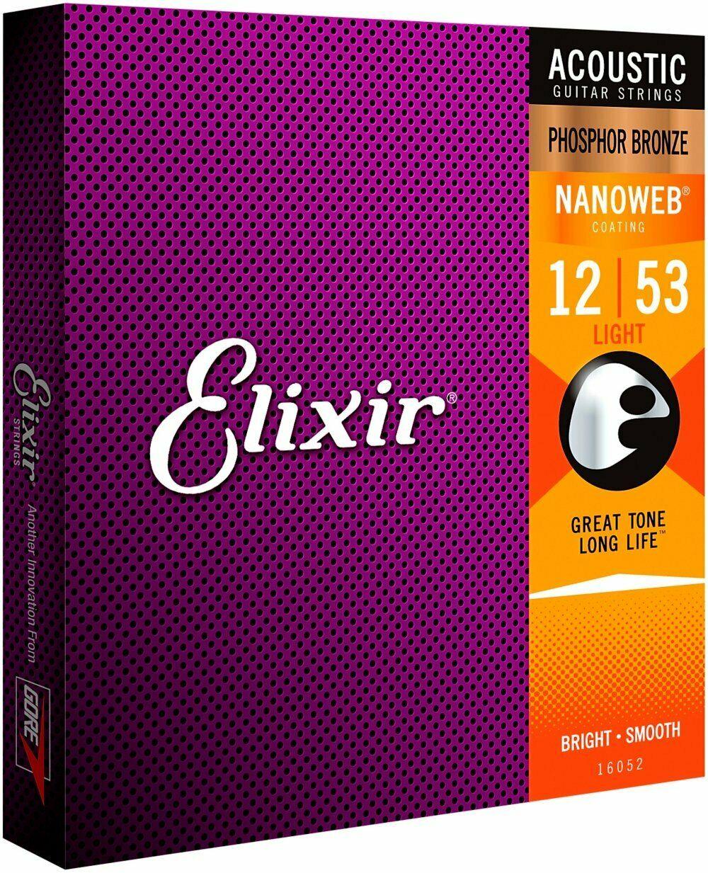 Bộ dây đàn Elixir Acoustic Guitar Strings Phosphor Bronze with NANOWEB LIGHT 12-53 (16052)