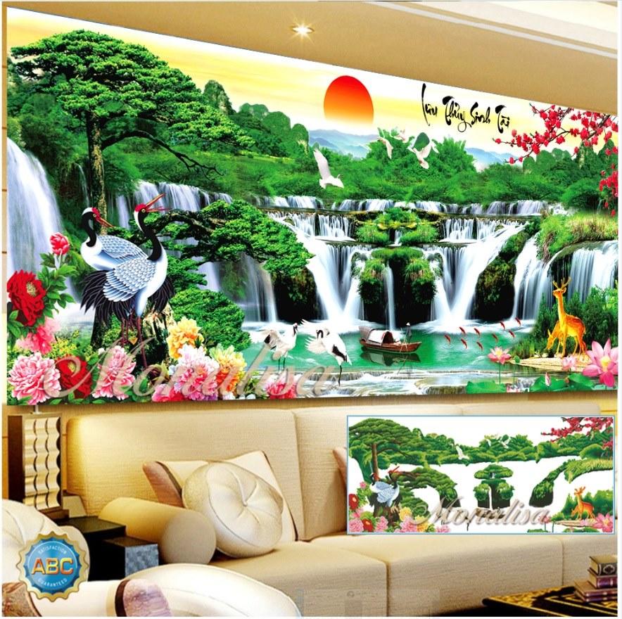 Tranh đính đá phong cảnh Lưu Thuỷ Sinh Tài Kích thước: 130x65cm