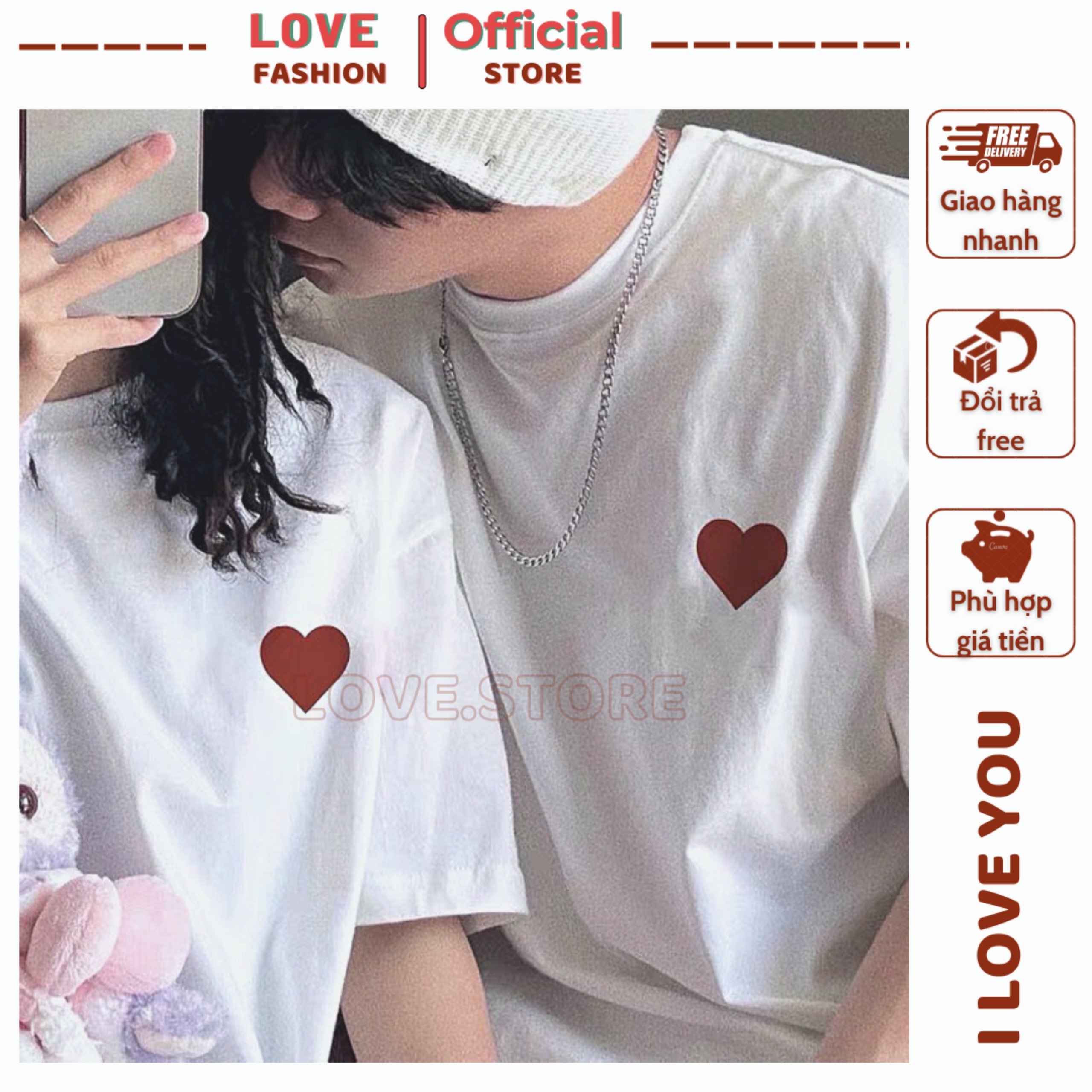 Áo đôi, áo cặp đôi tình yêu, áo cặp in TRÁI TIM ĐỎ, áo cặp đôi người yêu, áo cặp bạn thân, áo thun form rộng tay lỡ, áo thun đôi