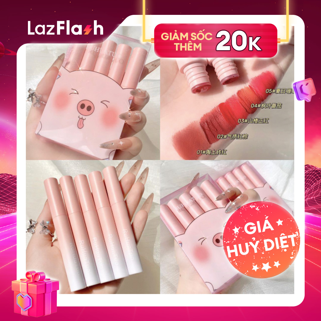 Set Son Kem Ruhuatuo Heo Hồng 5 Cây Xinh Xắn | Ruhuatuo set 5 son môi màu nhung lì không phai không dính ly cốc |  Set 5 Son Môi Ruhuatuo Không Dính Cốc Không Phai Màu Chất Lượng Cao