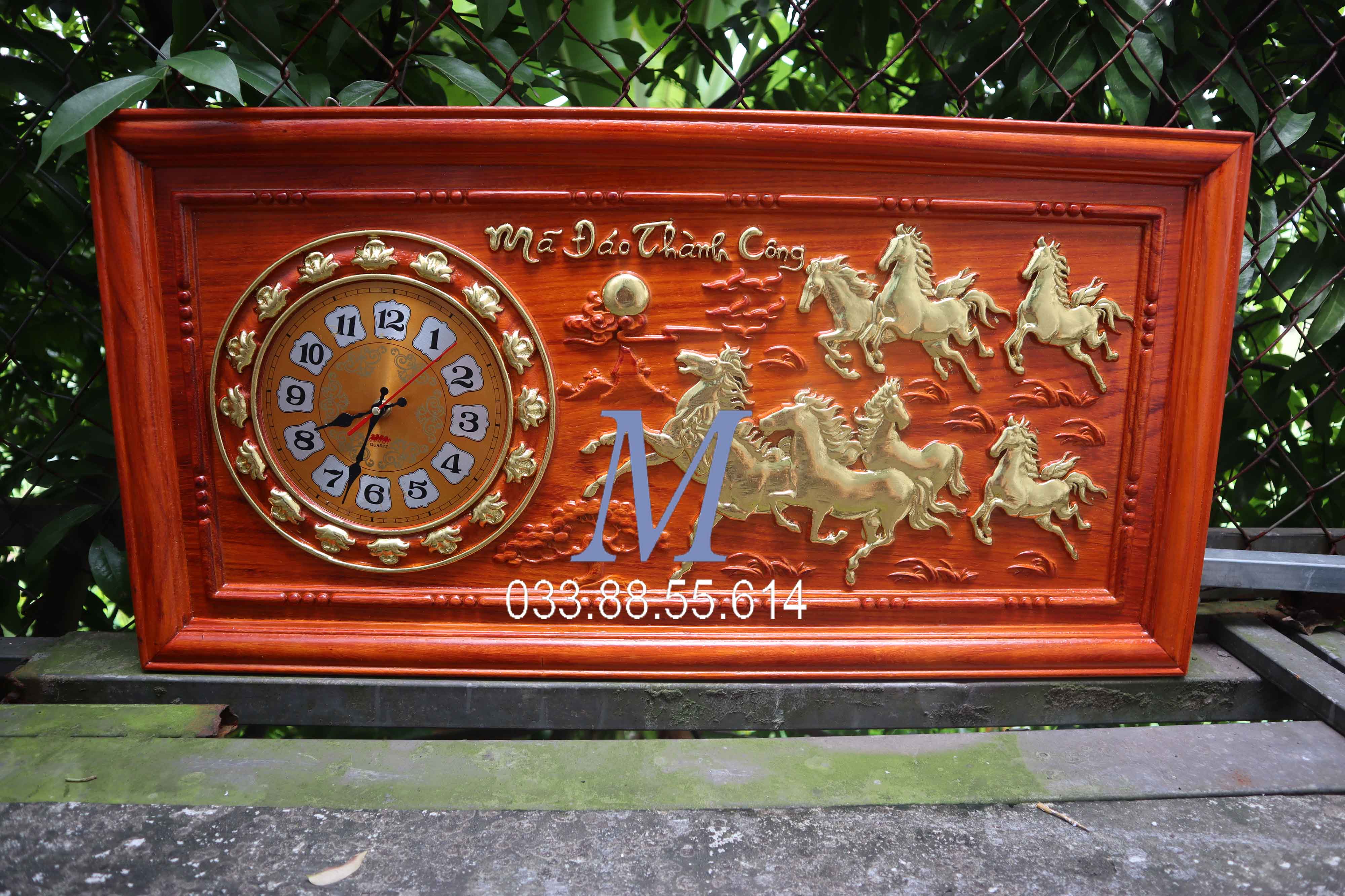 Tranh đồng hồ nguyên khối mã đáo thành công gỗ hương dài 81 rộng 41