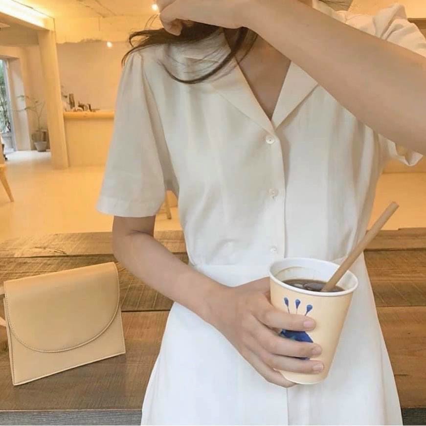 Đầm cổ sơ mi trắng nút trước