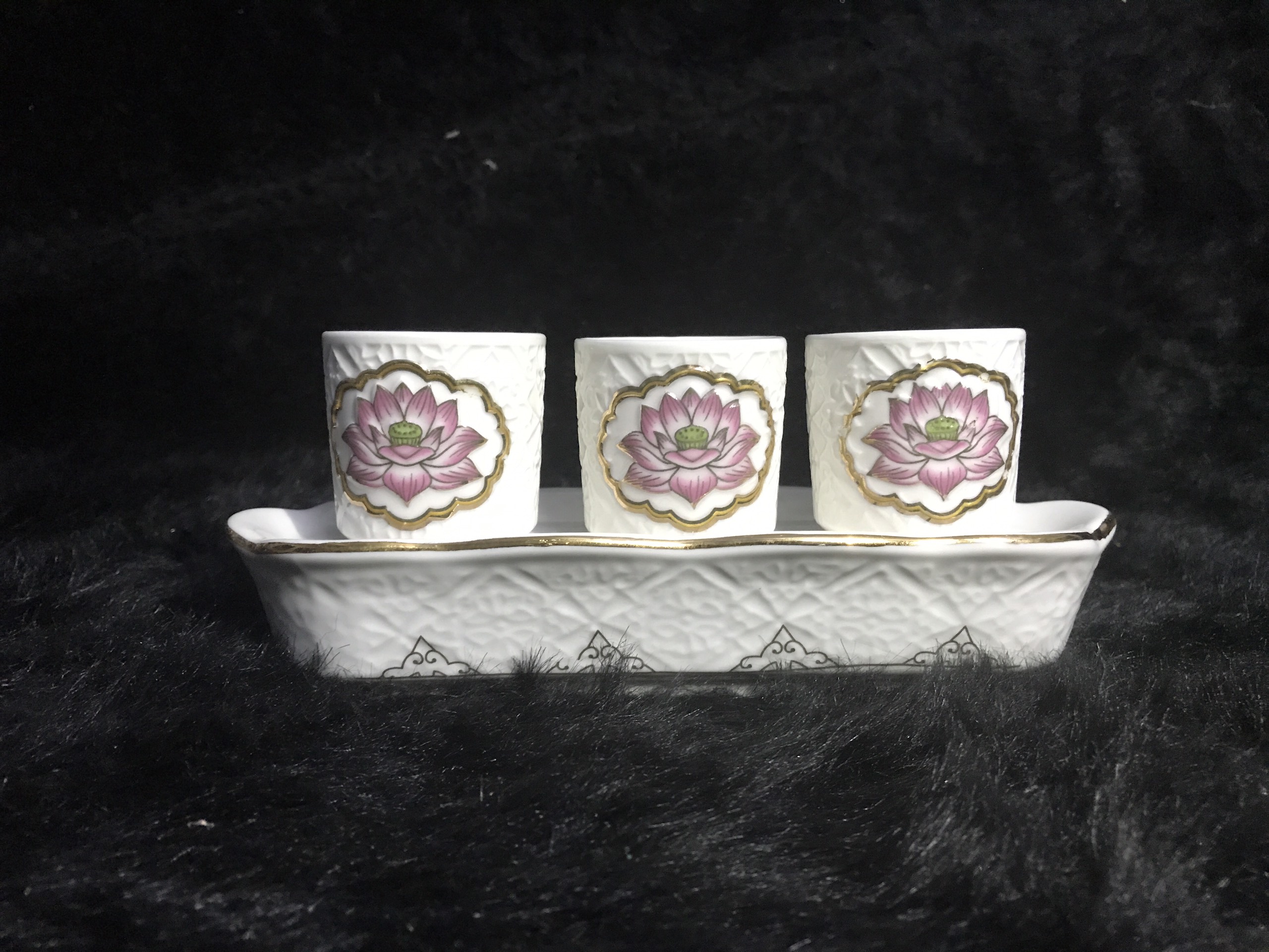 Bộ 3 chung nước bạch ngọc cao cấp sen hồng