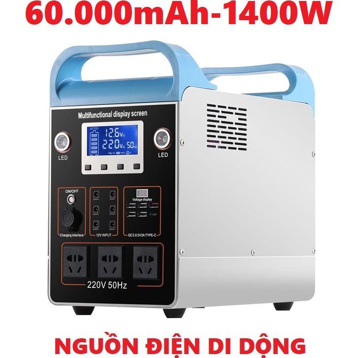 Nguồn điện di động trạm sạc dự phòng - máy phát điện di động 62.000mah-công suất đỉnh 1400w-cổng điện 220v-1400w - 62.000mah