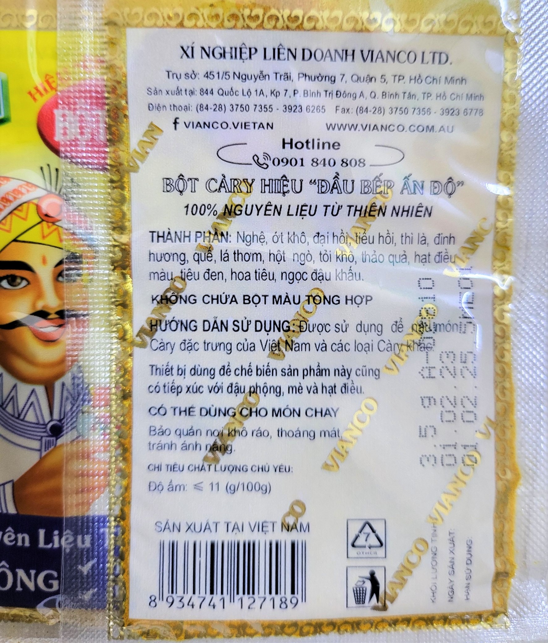 (LỐC 20 gói x 3.5g) BỘT CÀ RI hiệu Đầu Bếp Ấn Độ VIANCO Curry powder