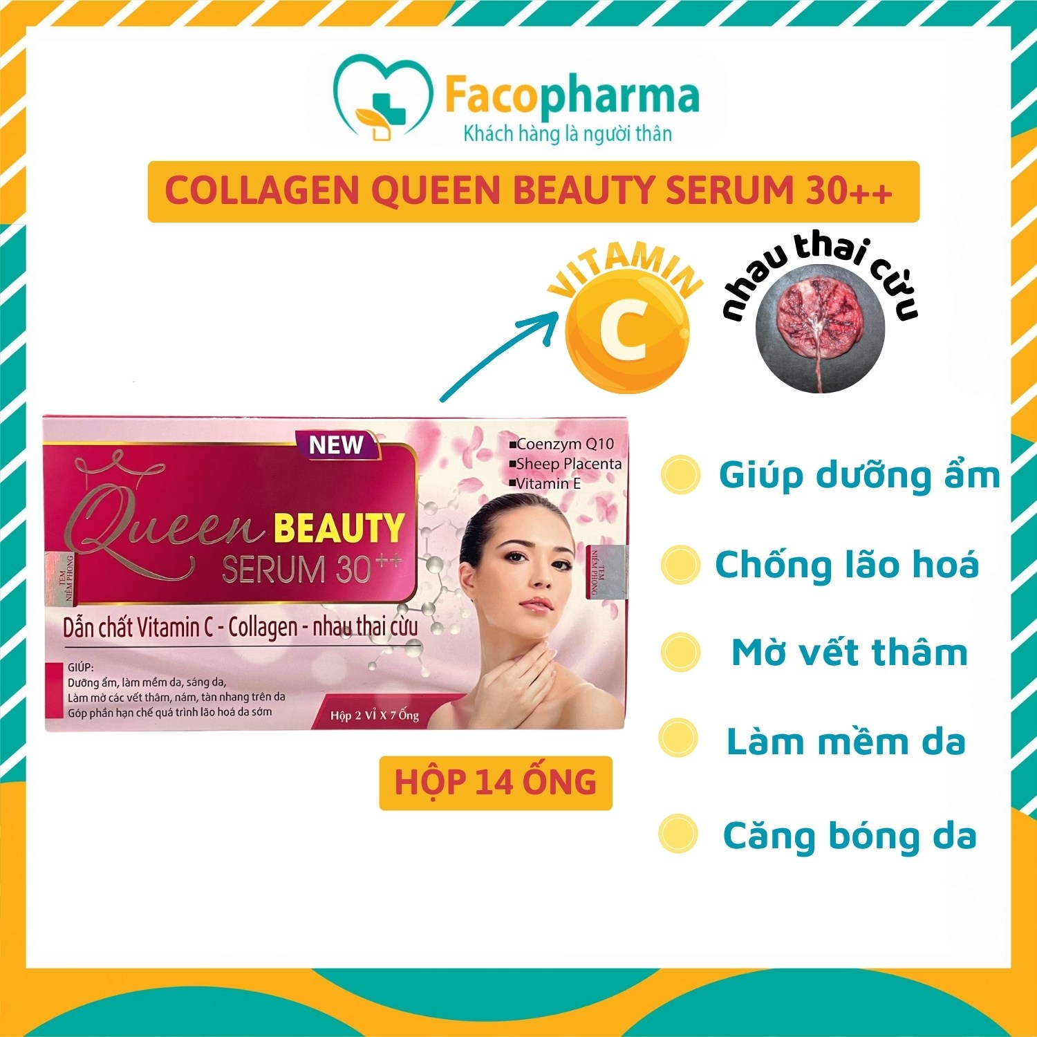 Collagen queen beauty serum 30++ vitamin C thai nhau cừu giúp dưỡng ẩm làm mềm da mờ vết thâm chống lão hoá