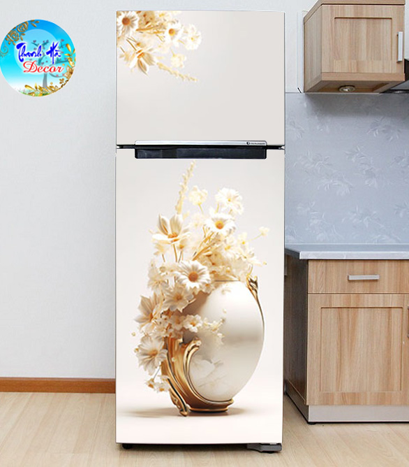 Decal dán Tủ Lạnh bình hoa trắng 3d chất liệu cao cấp