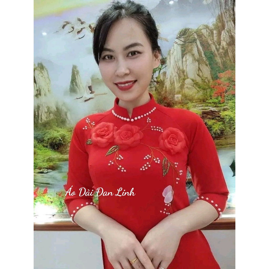 Áo dài thêu lụa tây thi màu đỏ kết hoa đẹp cuốn hút - Áo Dài Đan Linh