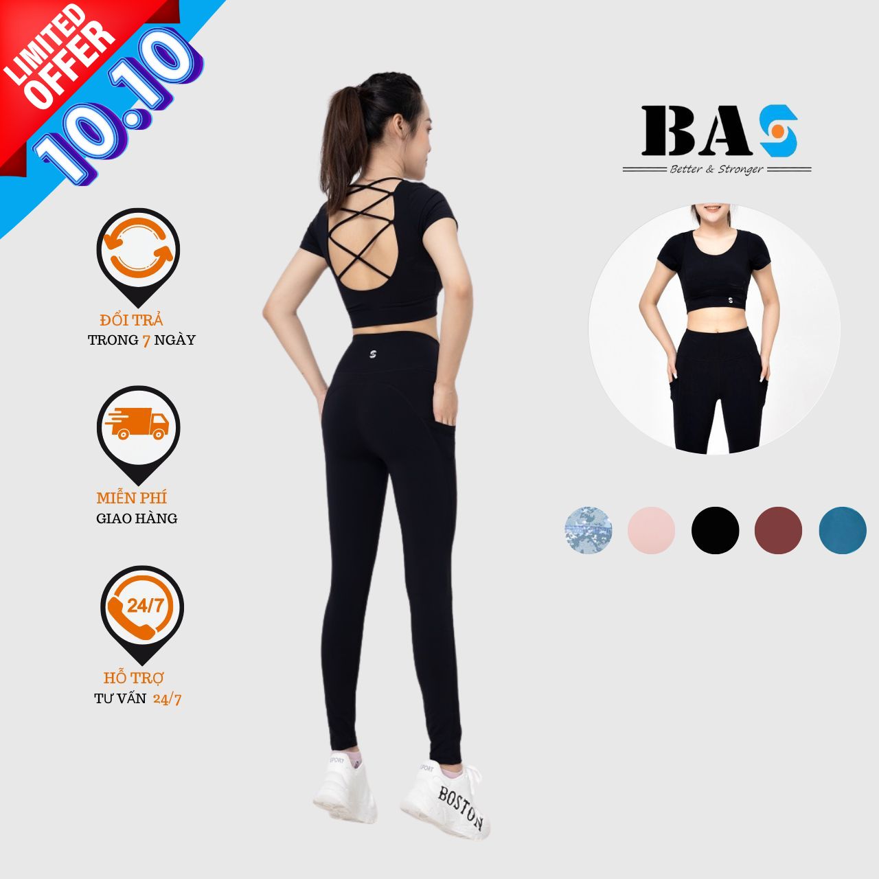 Set Đồ Tập Yoga Nữ BAS - Sportswear Áo Croptop Ôm Body Phối Quần Legging