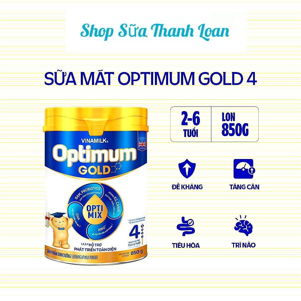 (HSD T6-2025) Sữa Bột Vinamilk Optimum Gold 4 - Hộp Thiếc 850g.