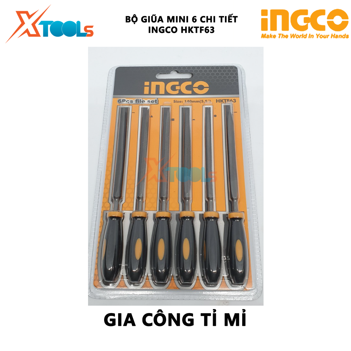 Bộ giũa mini 6 chi tiết INGCO HKTF63 | Bộ 6 giũa sắt Kích thước 4"(140mm) đường kinh 3mm chất liệu cao cấp XTOOLs