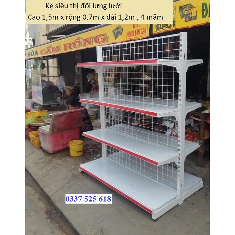 Kệ siêu thị đôi lưng lưới, cao 1.5m, rộng 0.7m, dài 1.2m