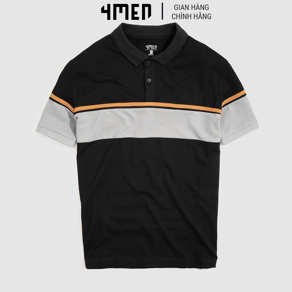 Áo polo nam 4MEN PO044 vải cá sấu dày dặn, co giãn, mềm mịn, thấm mồ hôi, thoáng mát, phối màu kẻ ngang trẻ trung
