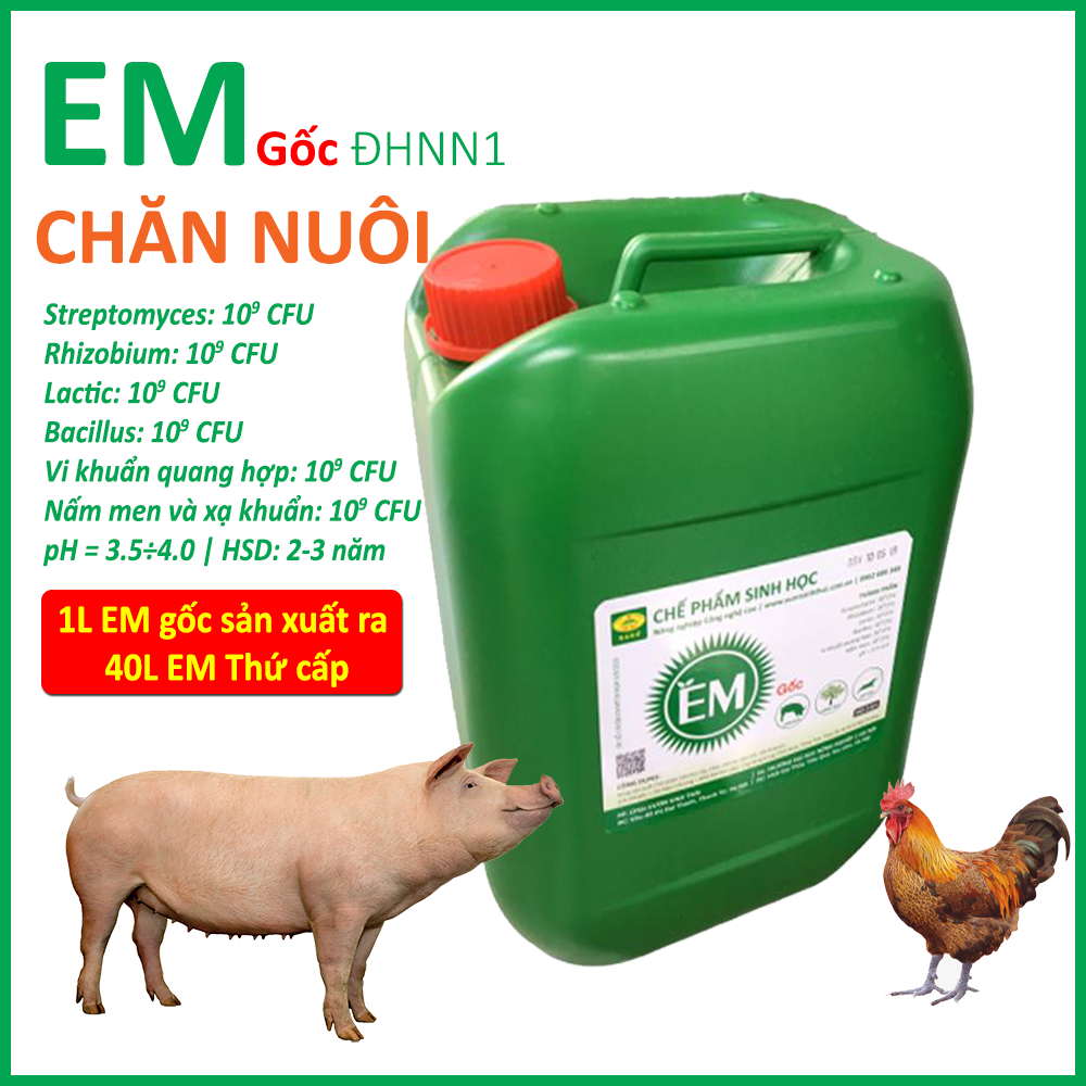 Chế phẩm EM gốc CHĂN NUÔI. Lên men ủ chín thức ăn, xử lý mùi hôi chuồng trại. Men Vi Sinh Đại Học Nông Nghiệp 1 Hà Nội. HSD 2 năm