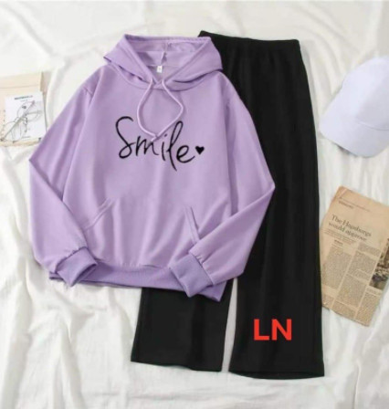 Freeshipmax-hoàn tiền-bộ áo hoodie smiler tim đen + quần ống rộng ln11
