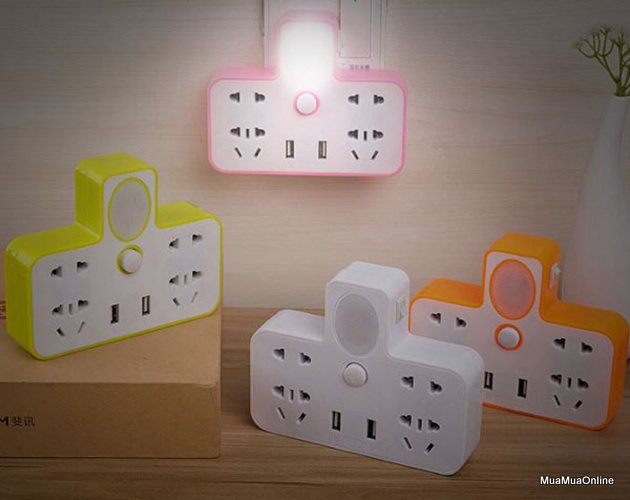 Bộ Chia Ổ Cắm Điện 3 Chấu 2 Cổng Usb Kiêm Đèn Ngủ Tiện Dụng