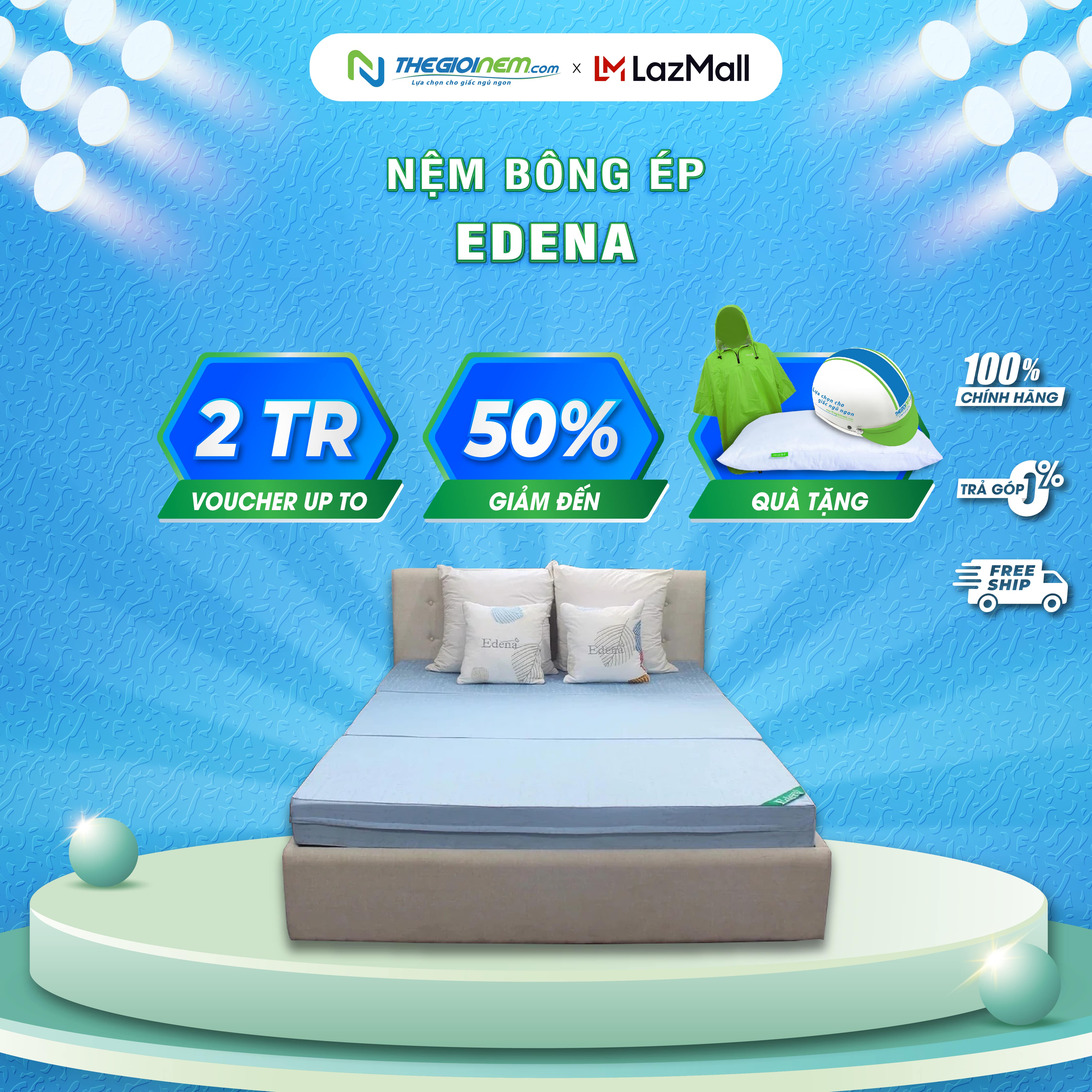 Nệm bông ép gấp 3 edena 180 x 198 x 9cm-bảo hành 5 năm.