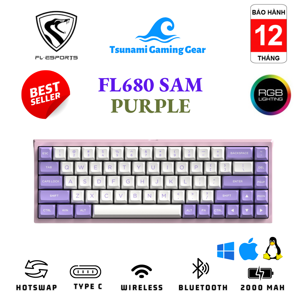 Phím cơ FL-Esports FL680 SAM Purple RGB/ Bluetooth / Wireless 2.4Ghz / Gateron Cap