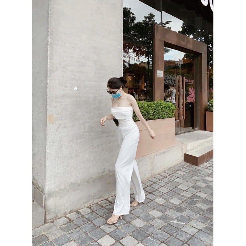 [HÀNG ĐẸP sẵn mút ngực] Jumpsuit Ống Suông Cúp Ngực Xếp Li Tôn Dáng
