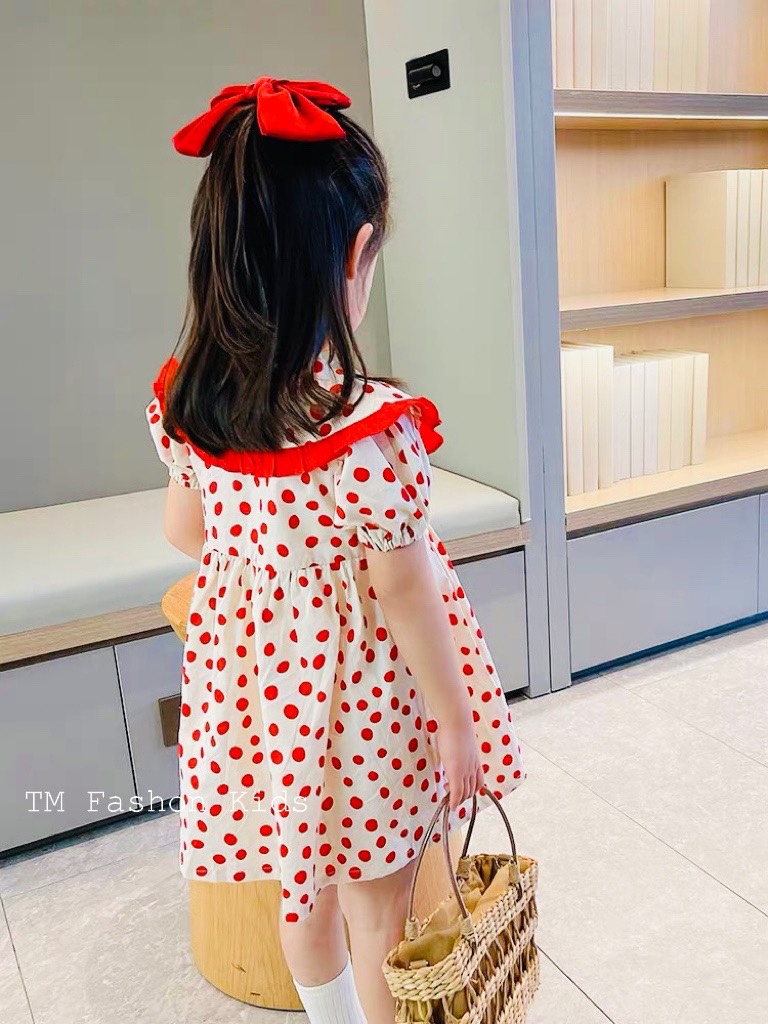 Váy bé gái - Váy cổ sen họa tiết chấm bi