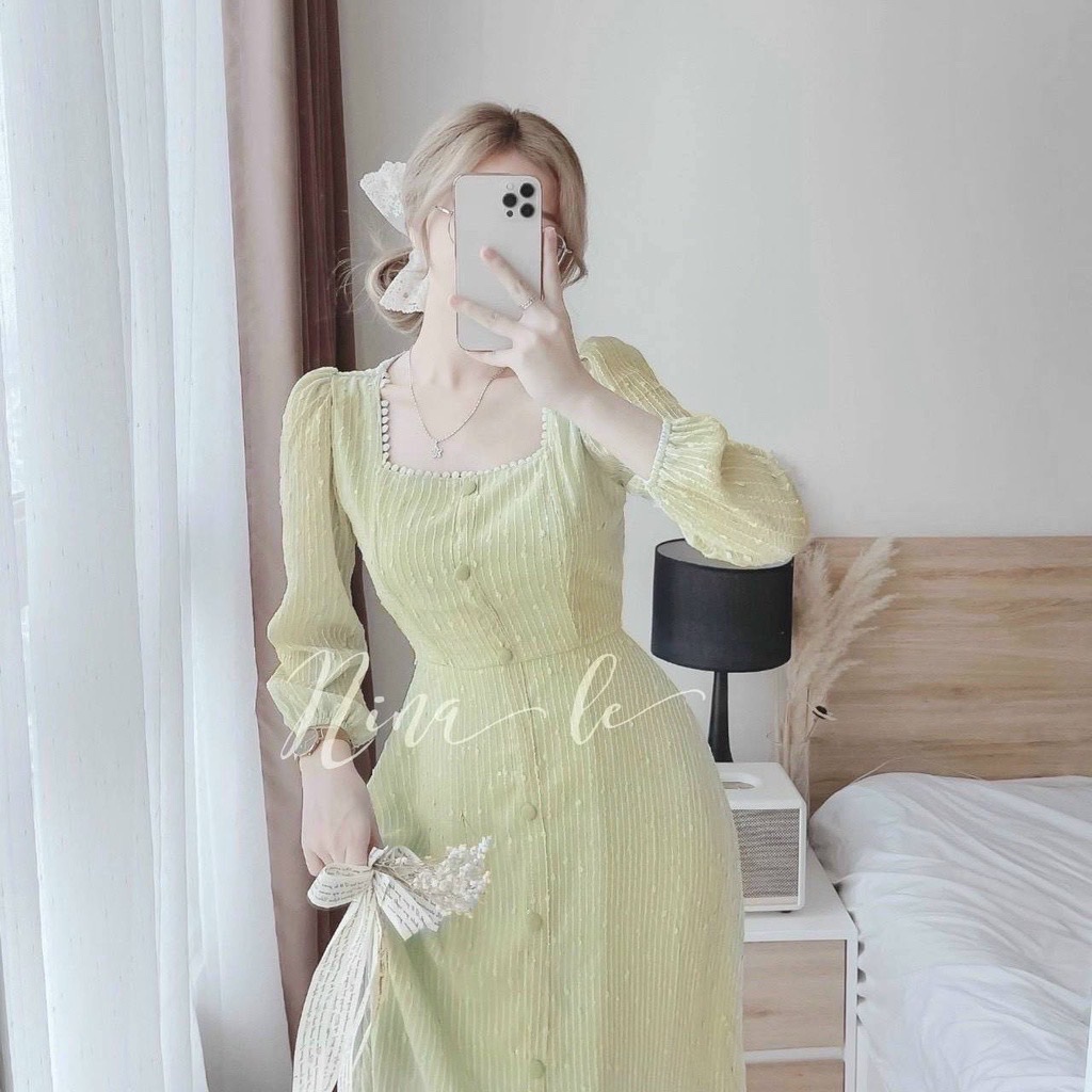 <SALE 9.9> [ SALE ĐẦM CAO CẤP ]ĐẦM MIDI TAY DÀI PHỐI NÚT CỔ VUÔNG SIÊU HOT