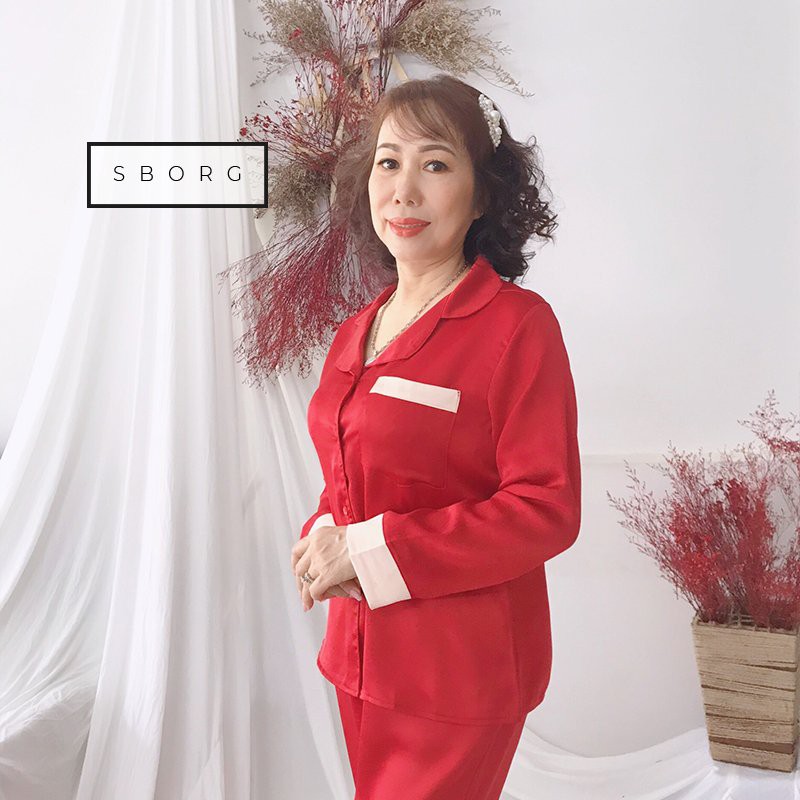 Home wear sets middle-aged sborg pijama women silk satin high-grade soft smooth delivery splint simple to hand long long pants with pockets comfortable bigsize 45 - 75 kg gift mother and wife, convenient home wear, sleepwear or outing