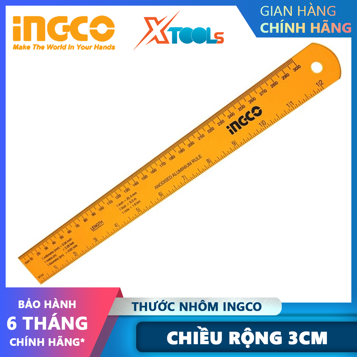 Thước nhôm INGCO HSR23002 | thước lá chiều dài 30cm chiều rộng 3cm chất liệu nhôm anodized đo độ dài, chi tiết như trục, thanh hay sản phẩm