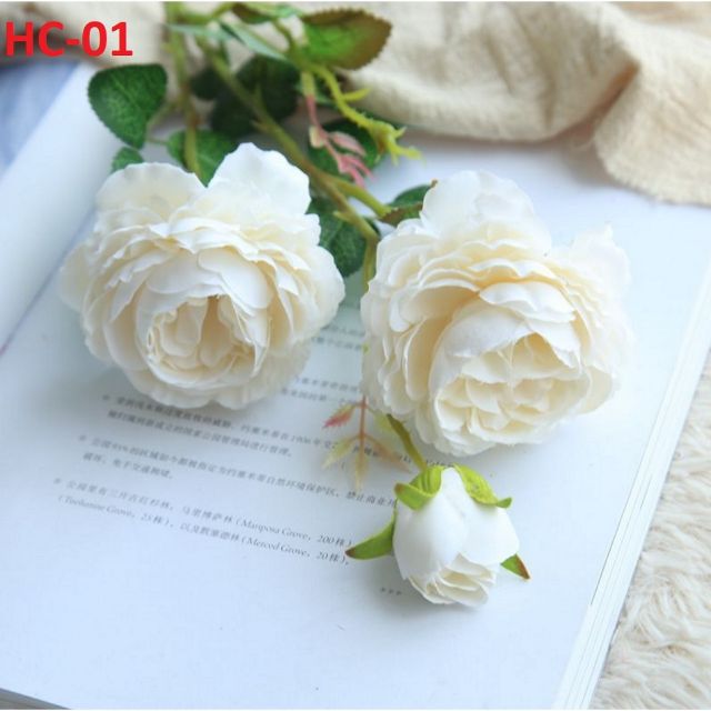 Hoa lụa Cành hoa trà cao cấp 3 bông độ dài 62cm