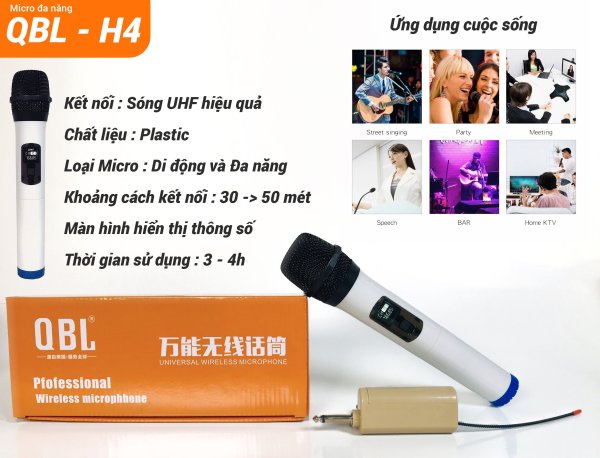 Micro không dây đa năng QBL H4 giá tốt, sử dụng cho mọi loại thiết bị âm thanh, dành cho loa kéo, hát karaoke hay... ( BẢO HÀNH 12 THÁNG )