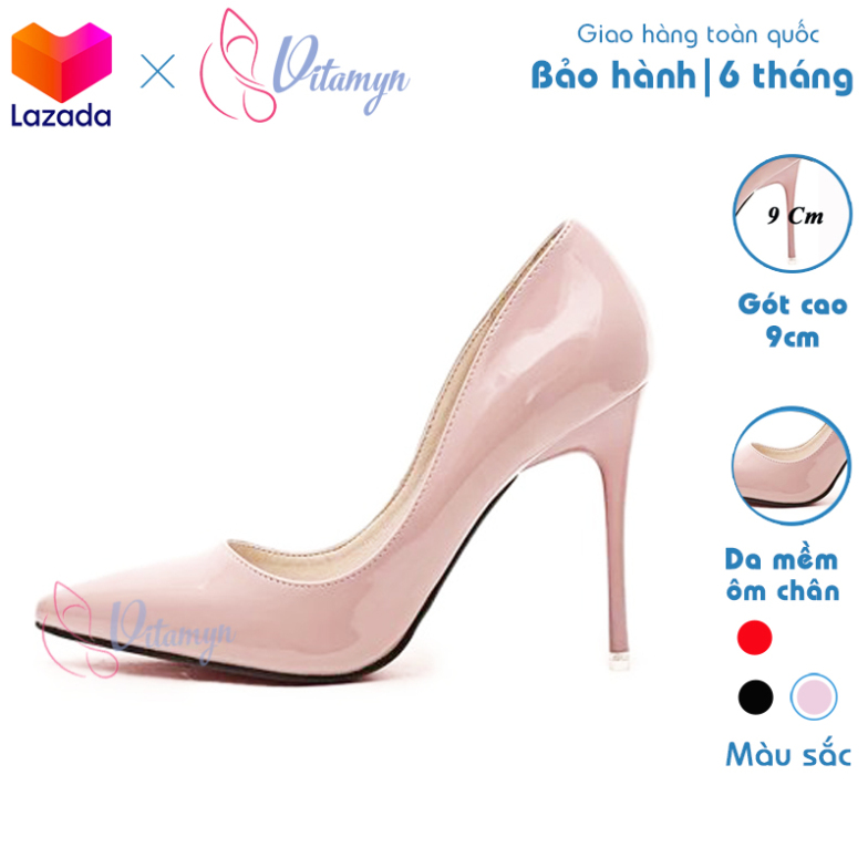 Giày cao gót nữ trơn mũi nhọn chất liệu da Simili chống thấm, đế đặc, gót nhọn cao 9cm, thiết kế thời trang giá rẻ