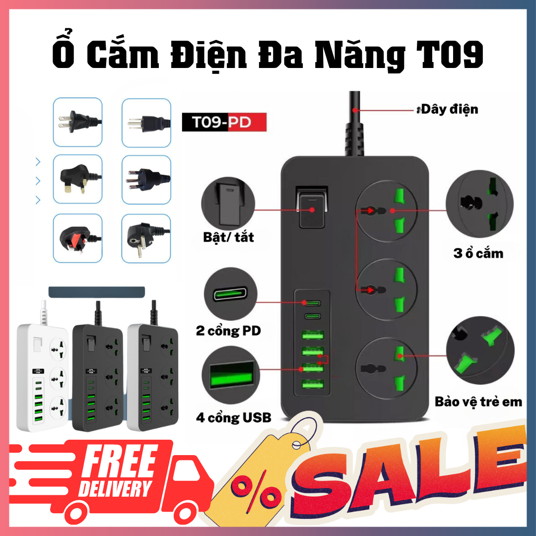 Ổ Cắm Điện Thông Minh Type C Đa Năng  T09 - PD Công Suất Lên Tới 3000W Với Dây Dài 2m ,Đảm Bảo An Toàn Chống Cháy Nổ