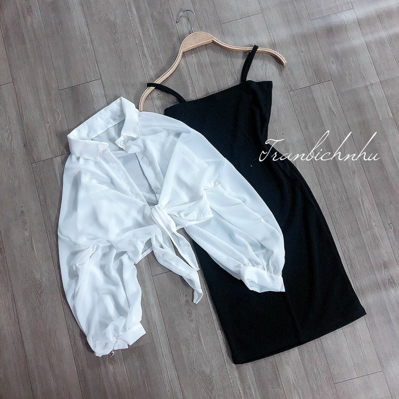 SET ÁO SƠ MI VOAN CỘT EO VÀ ĐẦM 2 DÂY, PHỤNG HOÀNG