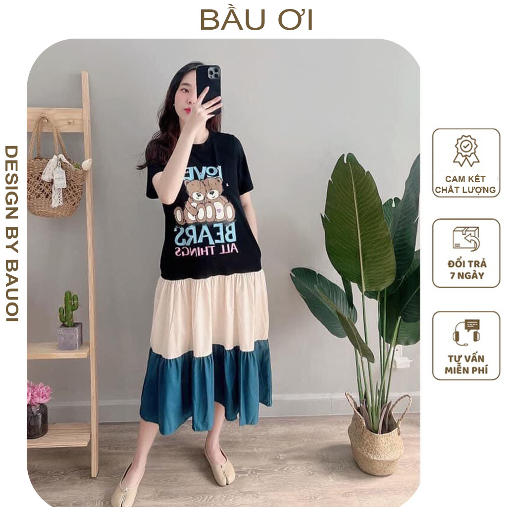 Váy bầu mùa hè chất thun cotton mềm mát in hình gấu - đầm bầu thời trang dáng suông freesize