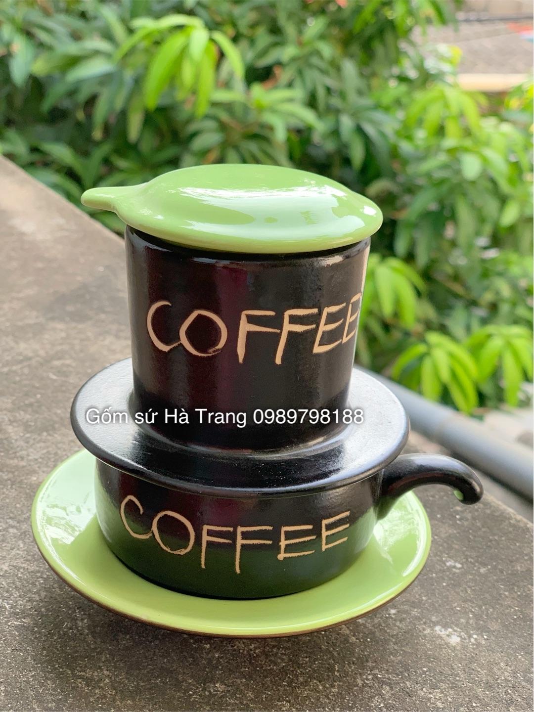 Phin pha cafe gốm sứ Bát Tràng cao cấp men đen khắc chữ COFFEE