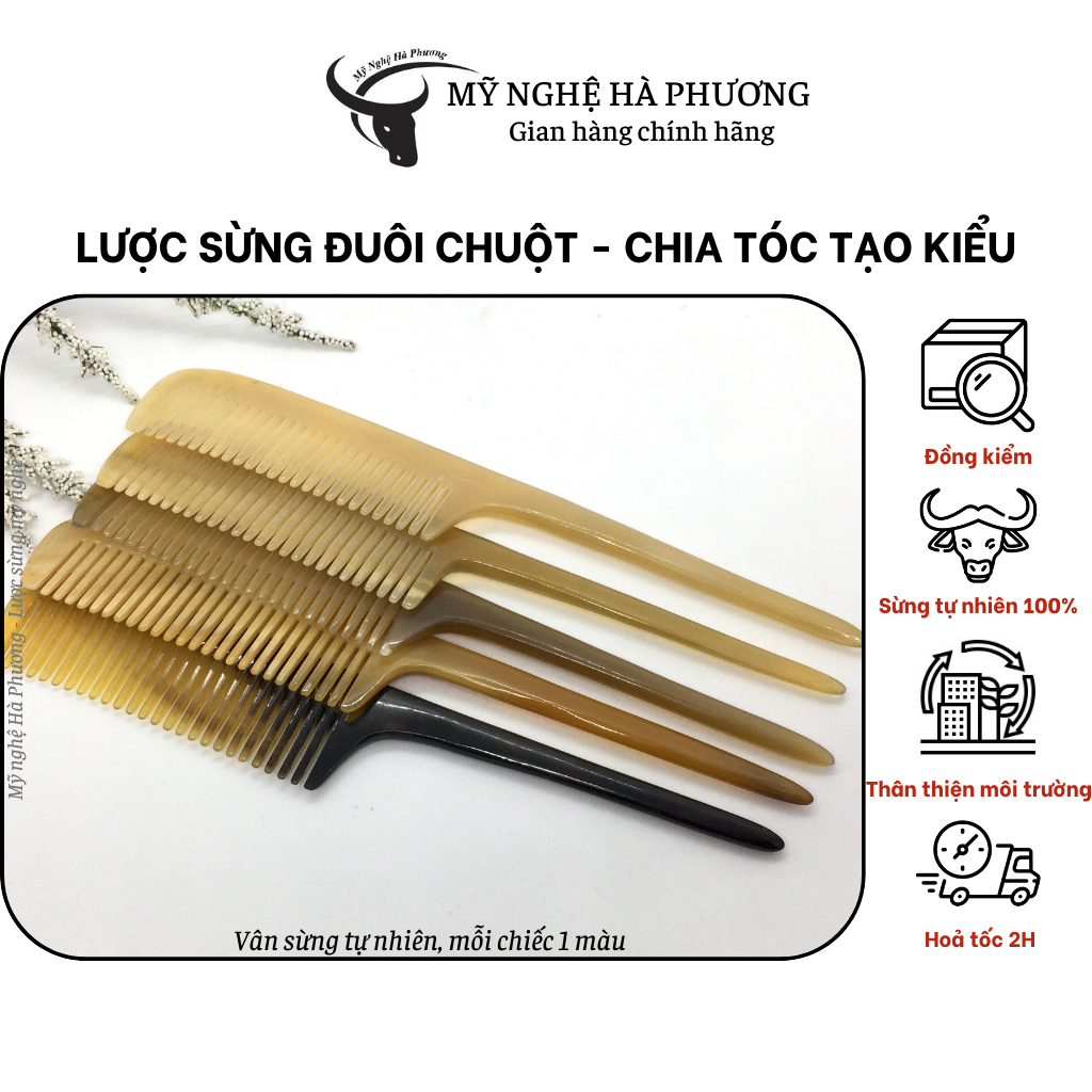 Lược sừng đuôi chuột chia tóc, đánh rối tóc | Mỹ nghệ Hà Phương, lược rẻ ngôi đuôi nhọn