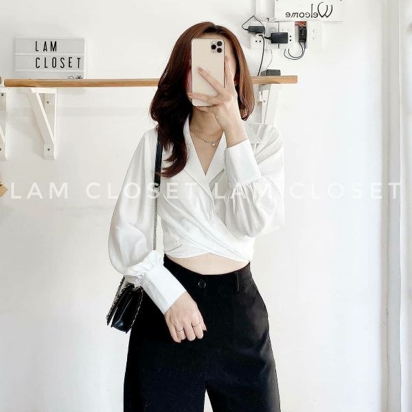 áo croptop trắng cột nơ tay dài