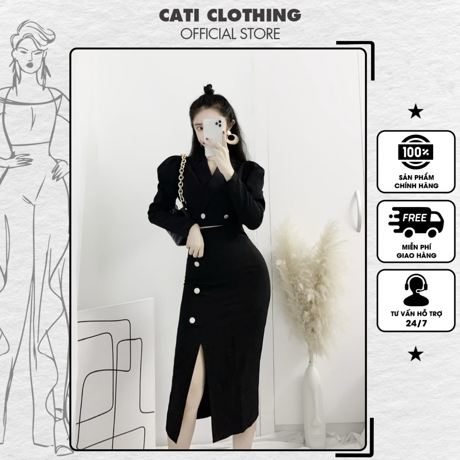 Set váy+ áo crotop cổ vest 2177