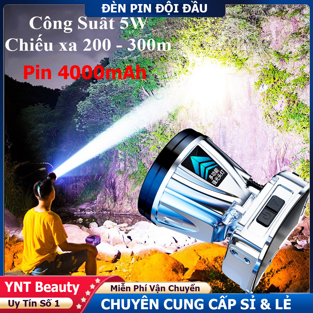 Đèn Pin Đội Đầu Siêu Sáng 4000mAh, 3 Chế Độ, Dùng 10–15h, Chống Nước, Sạc Điện Thoại