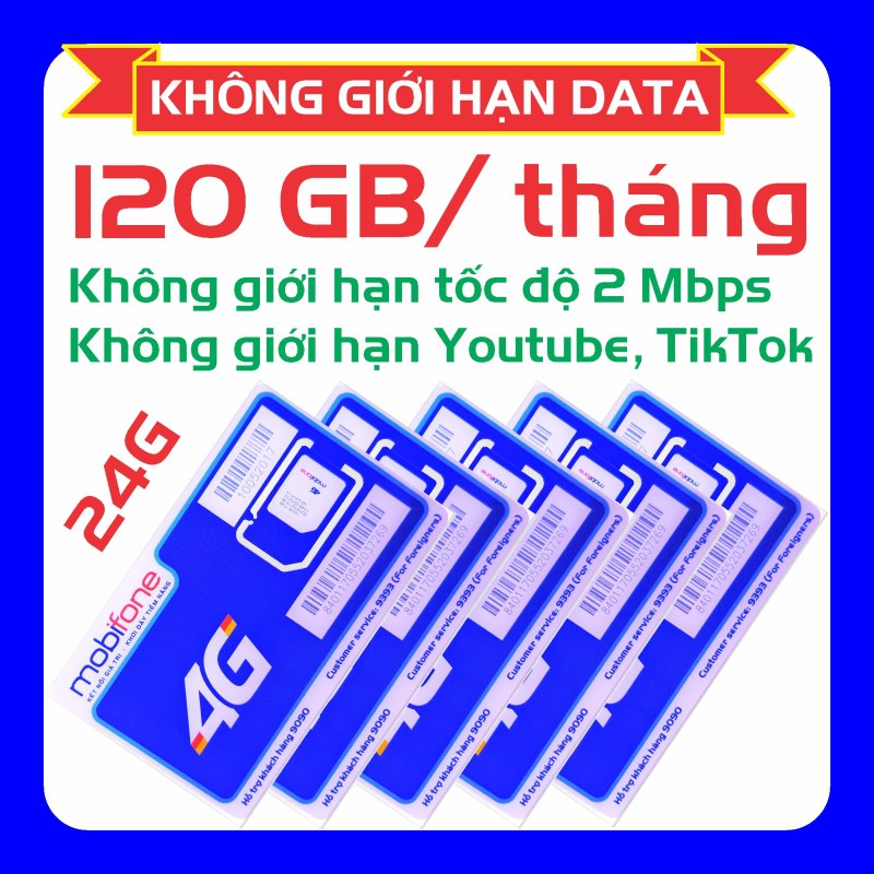 [GIÁ HỦY DIỆT] SIM 4G MOBIFONE 24G DATA 120 GB/tháng (4 GB/ngày) tốc độ cao + 1 tỷ GB tốc độ 2 Mbps (tốc độ 3G thông thường)