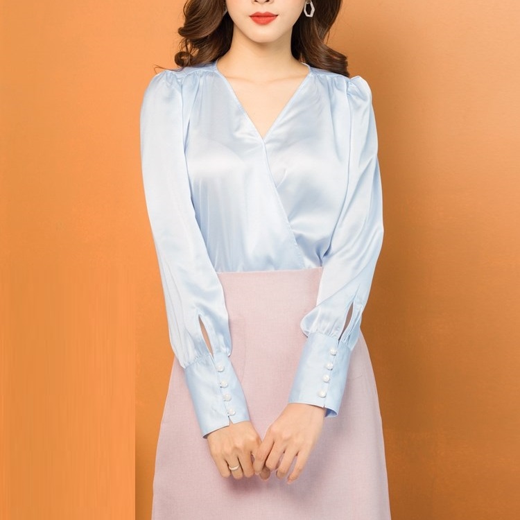 Women's 4-button long-sleeved silk satin shirt