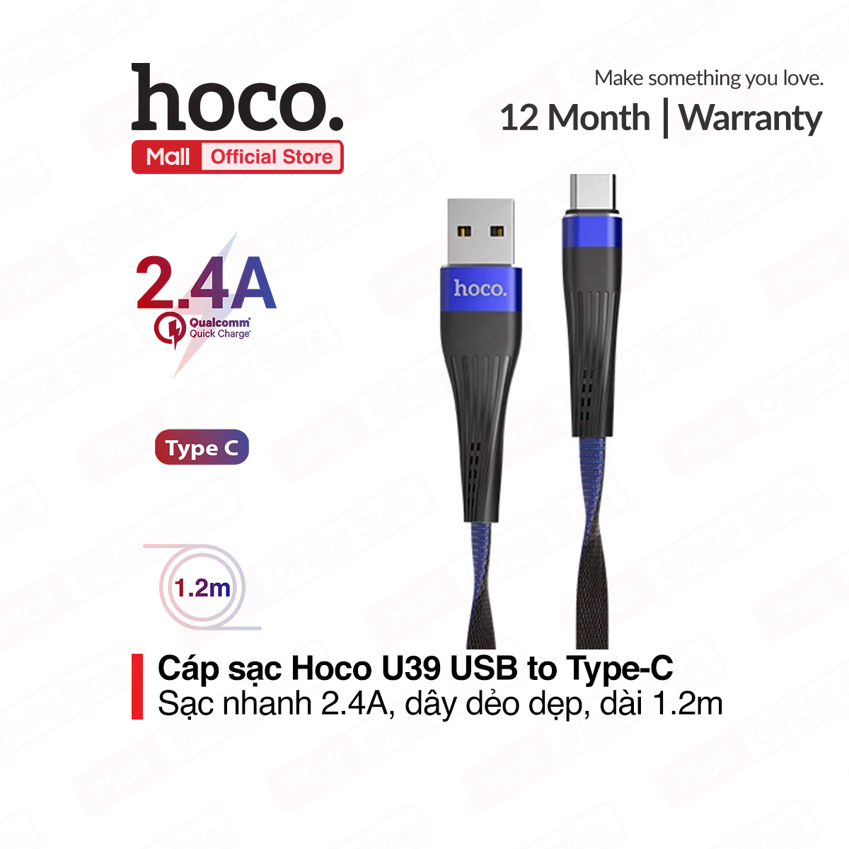 Cáp sạc usb type - c hoco u39 sạc nhanh 2.4a dài 1.2m cho smart phone