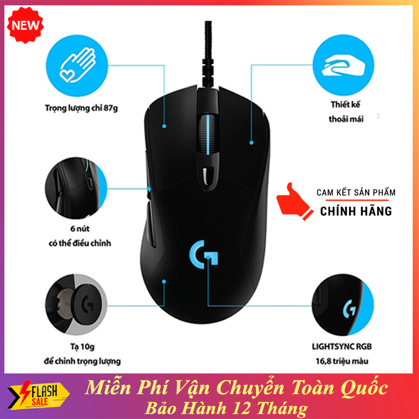 Chuột chơi game logitech g403 lightsync rgb chính hãng - chuột có dây logitech g403, chuột chuẩn chơi game, tốc độ phản hồi 1ms, rọng lượng nhẹ 87g + 10g tùy chọn, cáp bện, 25,600 dpi, tay cầm bên. bh 1&1 uy tín