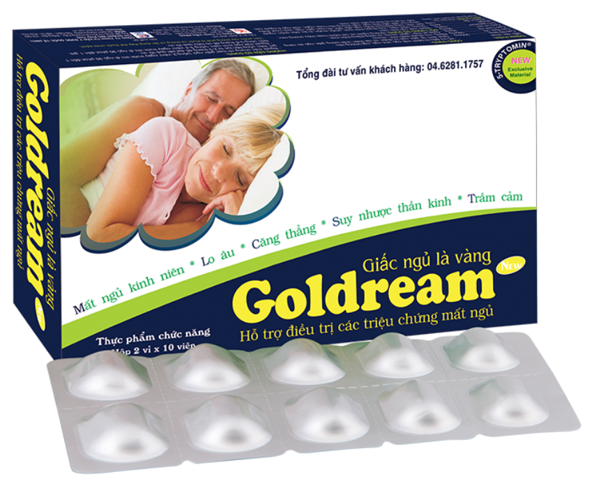 Viên Uống Goldream - Giúp dễ đi vào giấc ngủ , giấc ngủ sinh lý , sáng dậy tỉnh táo , giảm căng thẳng thần kinh , stress , lo âu - hộp 20 viên